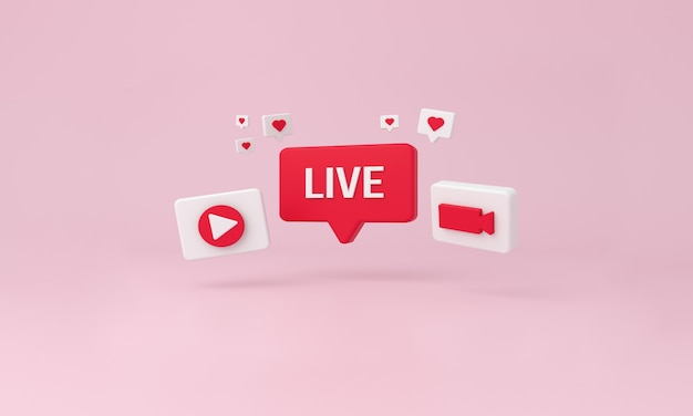 Live-Blase, wie Herz-, Spiel- und Video-Minimalsymbole auf rosa Hintergrund. 3D-Rendering.