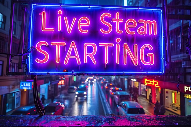 Live-Stream-Starttext mit Neon-Flacker-Effekt und kreativem Dekor Live-Stream-Hintergrund