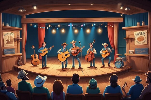 Foto lively bluegrass jam cartoon stage festivity (festa em palco de desenhos animados)