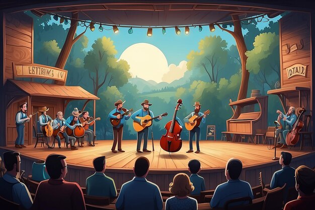 Foto lively bluegrass jam cartoon stage festivity (festa em palco de desenhos animados)