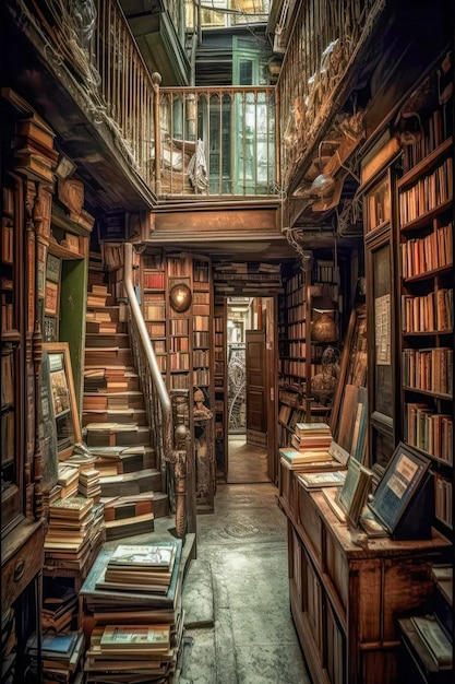 Livraria antiga Biblioteca com montanhas de livros