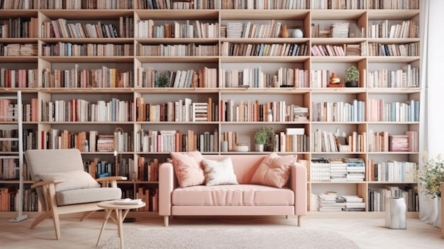 Livraria escandinava com poltrona em interior aconchegante moderno do quarto Biblioteca doméstica com prateleira de livros IA generativa