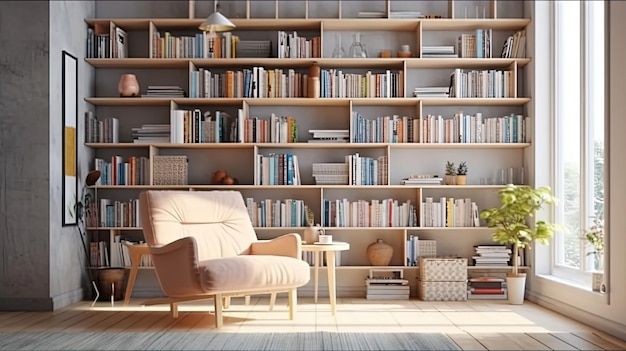Livraria escandinava com poltrona em interior aconchegante moderno do quarto Biblioteca doméstica com prateleira de livros IA generativa
