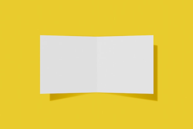Livreto de maquete quadrado, folheto, convite isolado em um fundo amarelo com capa dura e sombra realista. Renderização em 3D.