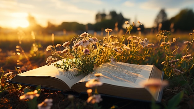 Livro aberto Bíblia na grama na natureza Generative Ai