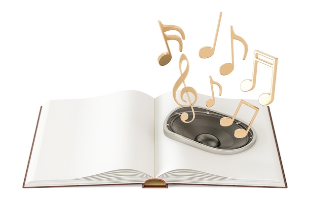 Foto livro aberto com alto-falante e notas musicais conceito de livro de áudio renderização 3d