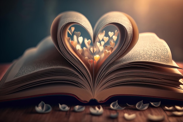 Livro aberto com forma de coração de páginas dobradas