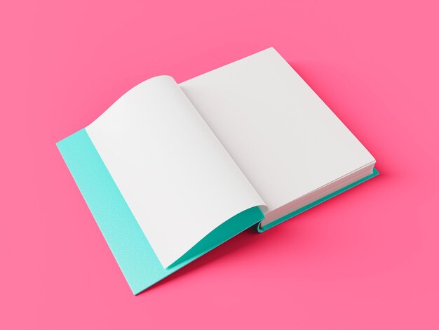 Livro aberto com páginas em branco contra fundo magenta