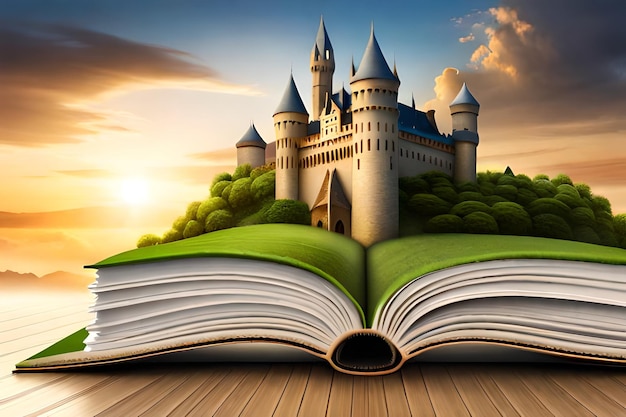 Livro aberto com um mundo de fantasia a surgirUma ilustração de castelo sobre um livroGenerativo