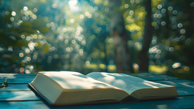 Livro aberto deitado na grama verde no parque com raios de sol