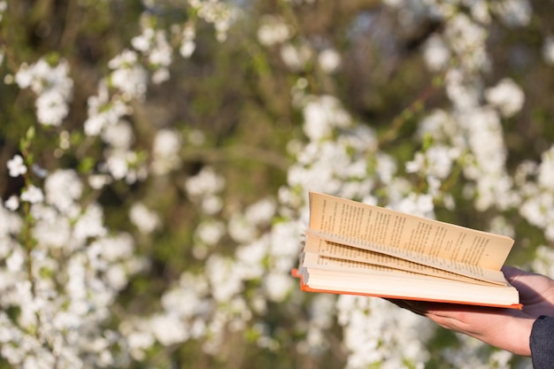 Livro aberto do conceito de educação nas mãos em um fundo de árvores florescendo