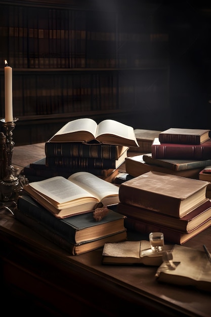 Livro aberto e pilhas de livros antigos na mesa de madeira na antiga biblioteca Generative AI