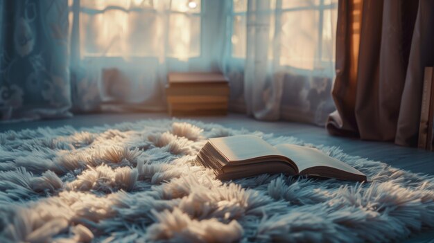 Livro aberto em um tapete fofo banhado na luz suave da janela