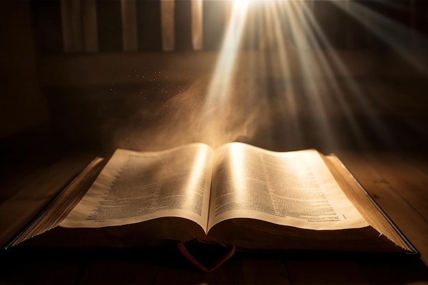 Foto livro aberto em uma mesa de madeira com raios de luz bíblia sagrada ou alcorão