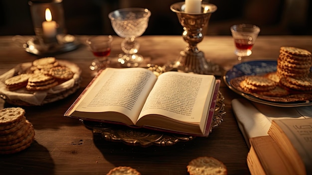 Livro aberto na mesa com um copo de vinho da Páscoa