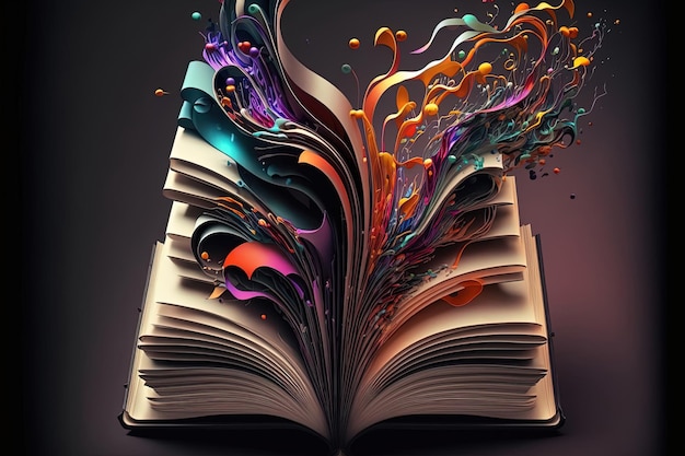 Livro abstrato padrões de ilustração colorida fantasia ideia conhecimento aprendizagem pesquisa tintas brilhantes biblioteca de literatura aberta sabedoria papel cognitivo o conceito de conhecimento ai