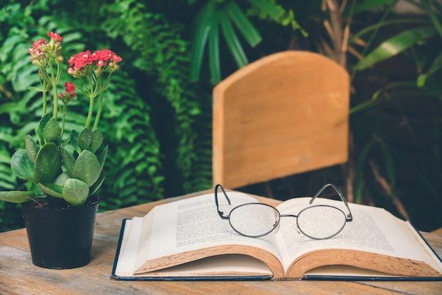 Livro antigo aberto na mesa com óculos de leitura no jardim