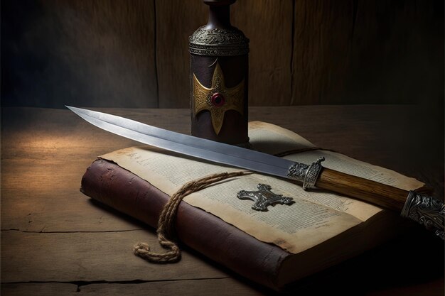 Livro antigo de pergaminho e espada medieval na velha mesa de madeira criada com ai generativo
