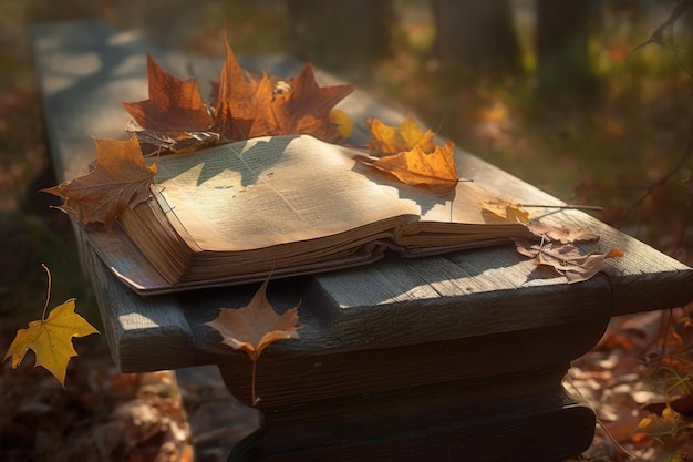 Livro antigo em parque ensolarado cercado por folhas de outono generativo IA