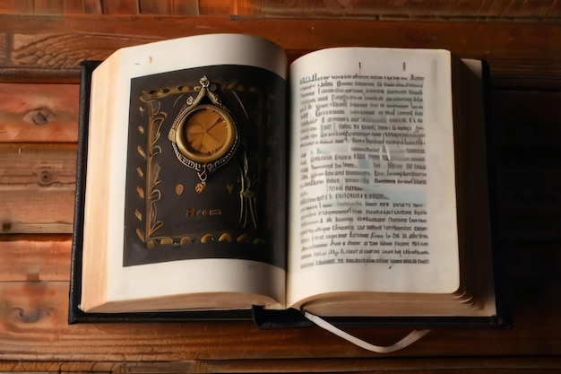 Livro antigo vintage aberto em uma biblioteca em uma velha mesa esculpida preta com livros de enciclopédia dourada