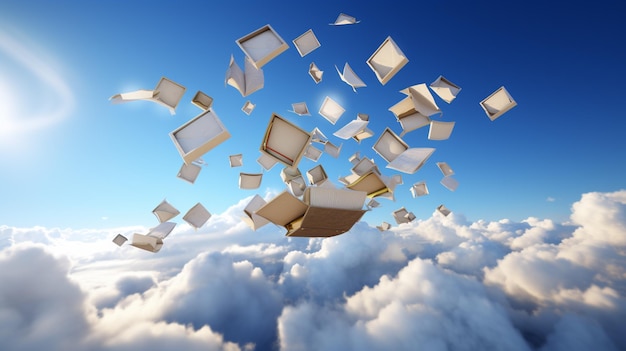 Foto livro arrafed voando no ar acima das nuvens generativo ai