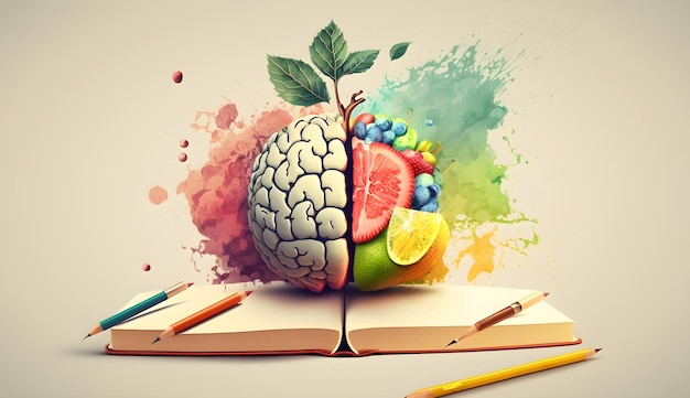 Livro colorido do cérebro humano com ilustração do conceito de saúde mental de frutas generative ai