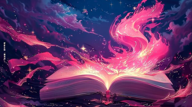 Foto livro com fogo rosa e estrelas no estilo de amor noturno e romance fluindo formas