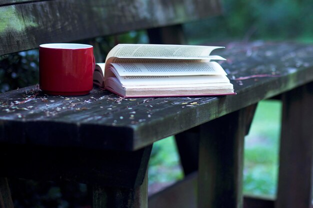 Foto livro com xícara de café no banco