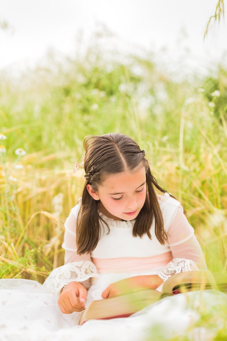 Foto livro da bíblia vintage da comunhão menina hispânica religião cristã jesus educação
