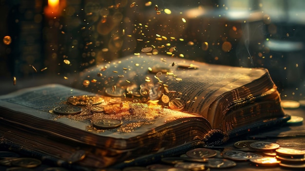 Livro de antiga sabedoria, páginas viradas, moedas e contratos a voar.