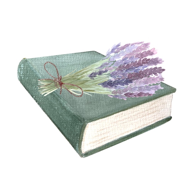 Livro de capa dura verde com um feixe de lavanda no topo isolado em branco pintado à mão em aquarela