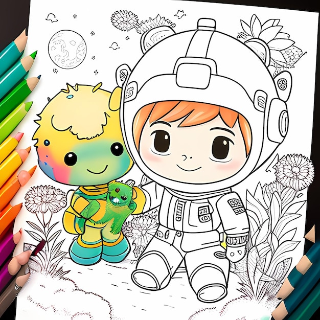 Foto livro de coloração é um menino astronauta e seu amigo alienígena felizmente brincando em um planeta