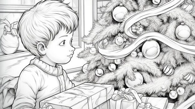 Foto livro de colorir em preto e branco criança bonita com presentes de natal perto da árvore de natal