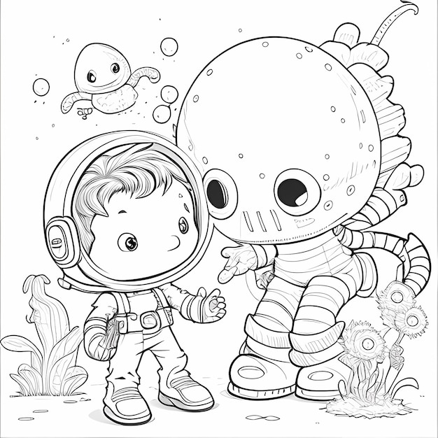 Foto livro de colorir page boy astronauta alien pal defendendo-se contra tentáculos monstruosos