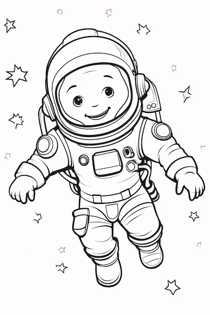 Foto livro de colorir para crianças astronauta fofo no espaço arte de linha simples em preto e branco