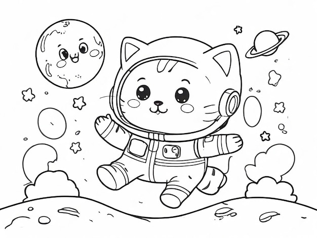 Livro de colorir para crianças Astronauta Gato bonito flutuando acima da Lua