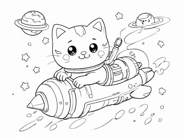 Foto livro de colorir para crianças astronauta gato bonito montando foguete