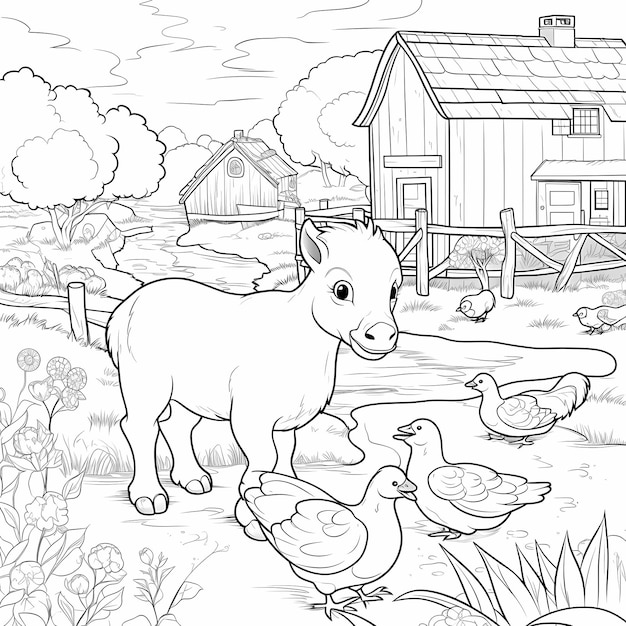 Livro de colorir para crianças com um bonito bebê burro vaca ovelha pato e aventuras coloridas