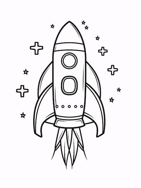 Livro de colorir para crianças, foguetão fofo, nave espacial no espaço, arte de linha simples em preto e branco