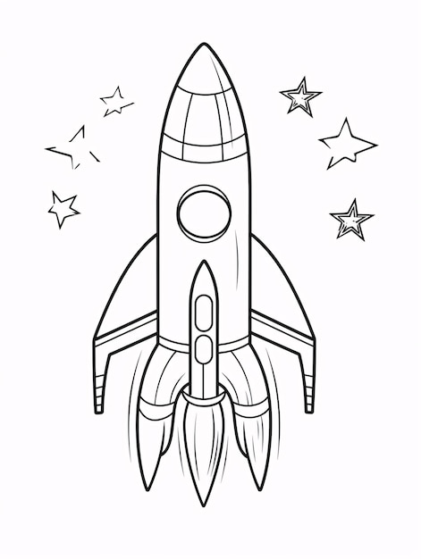 Foto livro de colorir para crianças, foguetão fofo, nave espacial no espaço, arte de linha simples em preto e branco
