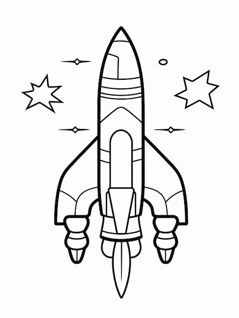 Foto livro de colorir para crianças, foguetão fofo, nave espacial no espaço, arte de linha simples em preto e branco