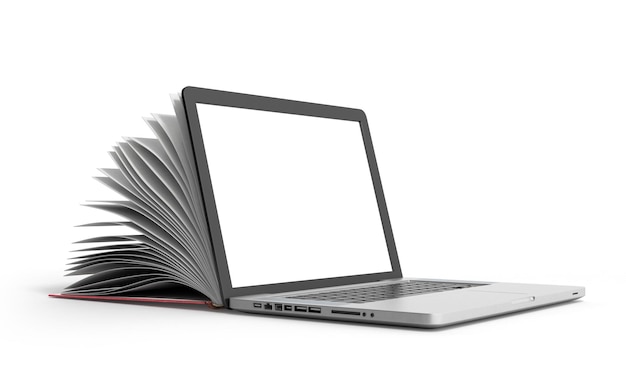 Livro de conceito de elearning criativo e renderização 3d de laptop em branco