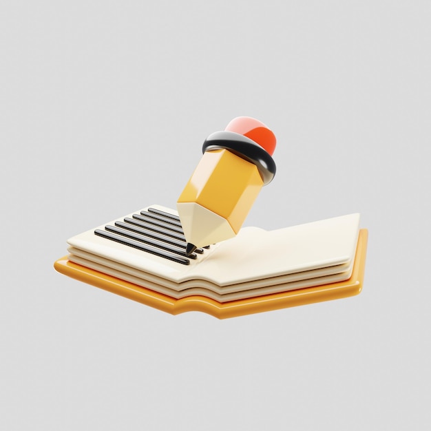 Livro de estilo cartoon com ilustração de renderização 3d de ícone de lápis amarelo