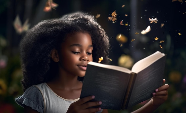 Livro de fantasia e contação de histórias com garota negra e leitura para imaginação e aprendizado de conto de fadas