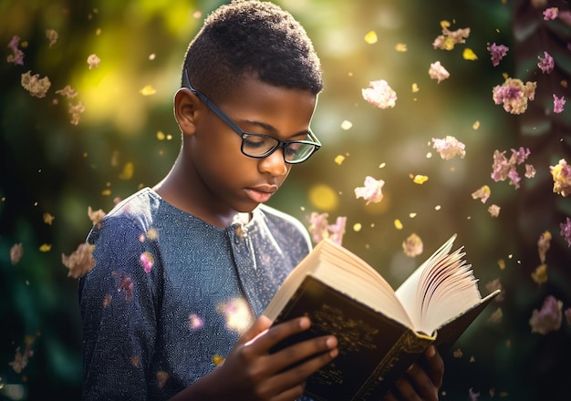 Livro de fantasia e educação com menino e leitura para imaginação e aprendizado de conto de fadas