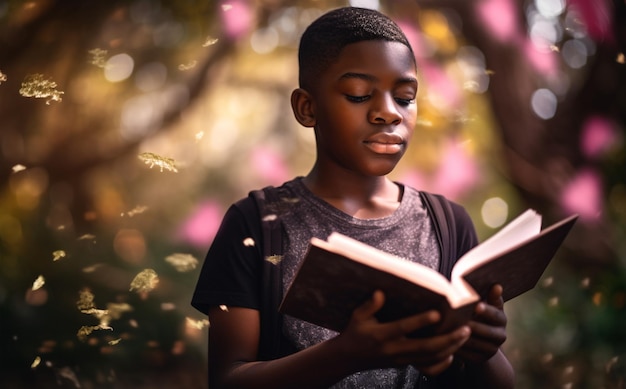 Livro de fantasia e floresta com menino e leitura para imaginação e aprendizado de conto de fadas