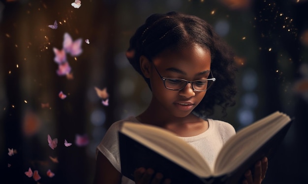 Livro de fantasia e imaginação com garota negra e leitura para educação e aprendizado de contos de fadas
