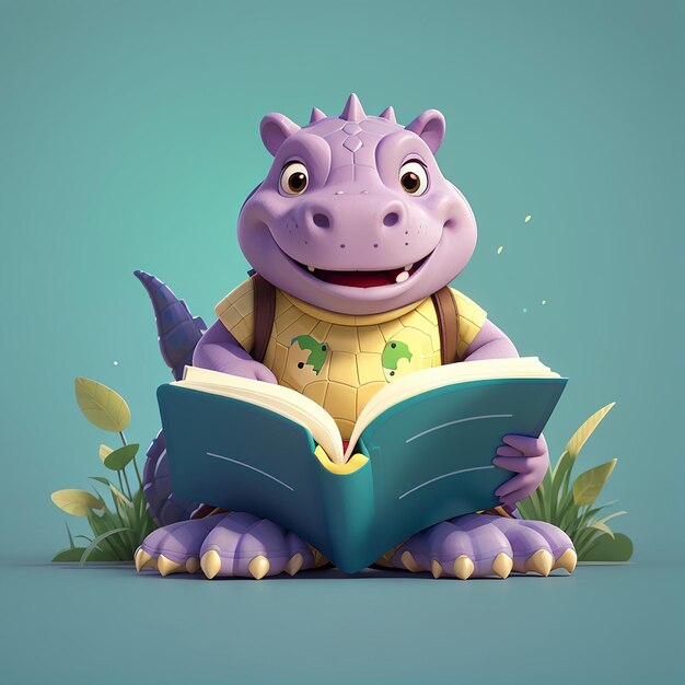 Foto livro de leitura de hipopótamo e crocodilo bonito ícone vetorial de desenho animado ilustração ícone de educação animal conceito isolado estilo de desenhos animados plano vetorial premium