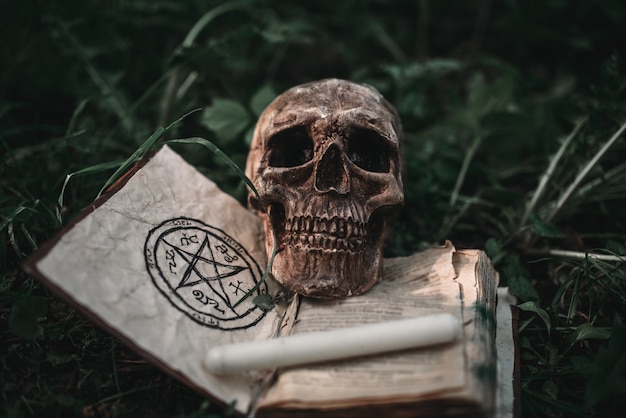 Livro de magia negra com símbolos ocultos e caveira