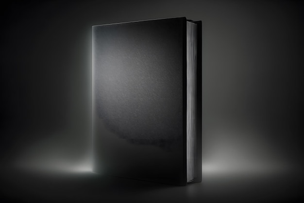 Foto livro de maquete vertical preto de capa dura sobre o fundo preto com arte gerada pela rede neural de fumaça